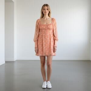 The East Order Women Orange Floral Sheer Puff Sleeves Mini Dress Size S